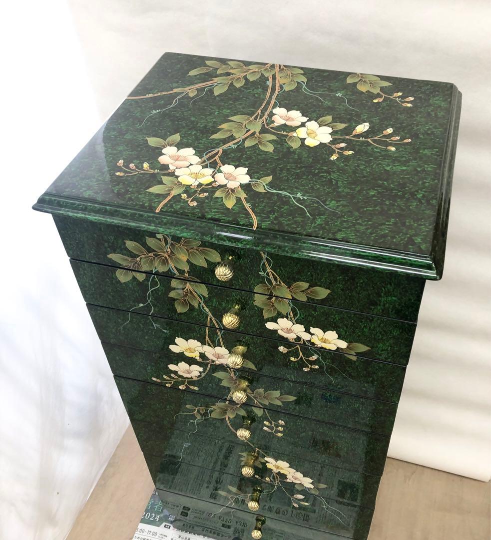 中国美術 シノワズリ様式 花模様 キャビネット 8段チェスト 李朝 緑