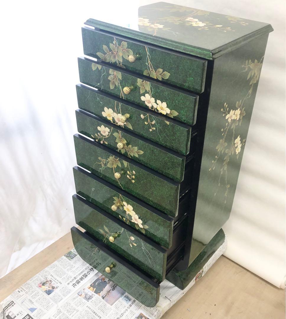 中国美術 シノワズリ様式 花模様 キャビネット 8段チェスト 李朝 緑