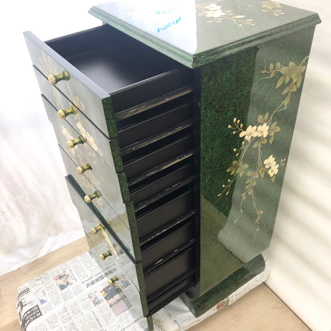 中国美術 シノワズリ様式 花模様 キャビネット 8段チェスト 李朝 緑