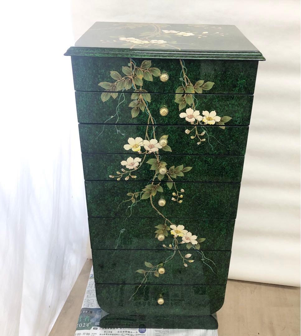 中国美術 シノワズリ様式 花模様 キャビネット 8段チェスト 李朝 緑