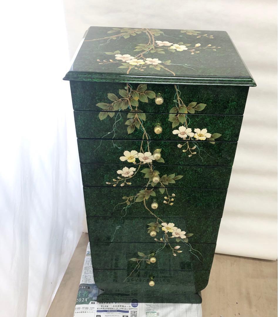 中国美術 シノワズリ様式 花模様 キャビネット 8段チェスト 李朝 緑