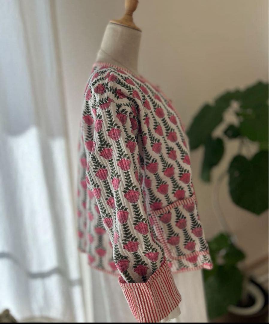 インド綿　キルトジャケット　ブロックプリント　キルティングジャケット