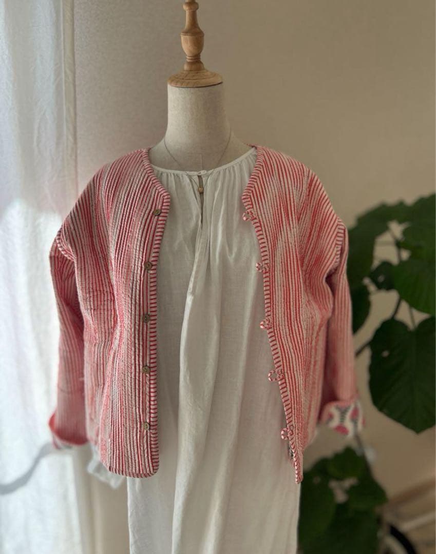 インド綿　キルトジャケット　ブロックプリント　キルティングジャケット