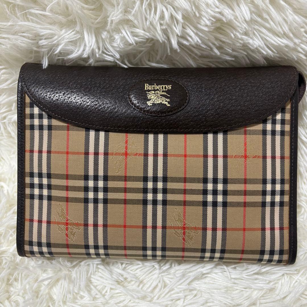 【極美品】バーバリー ノバチェック ホースロゴ キャンバス レザー クラッチ