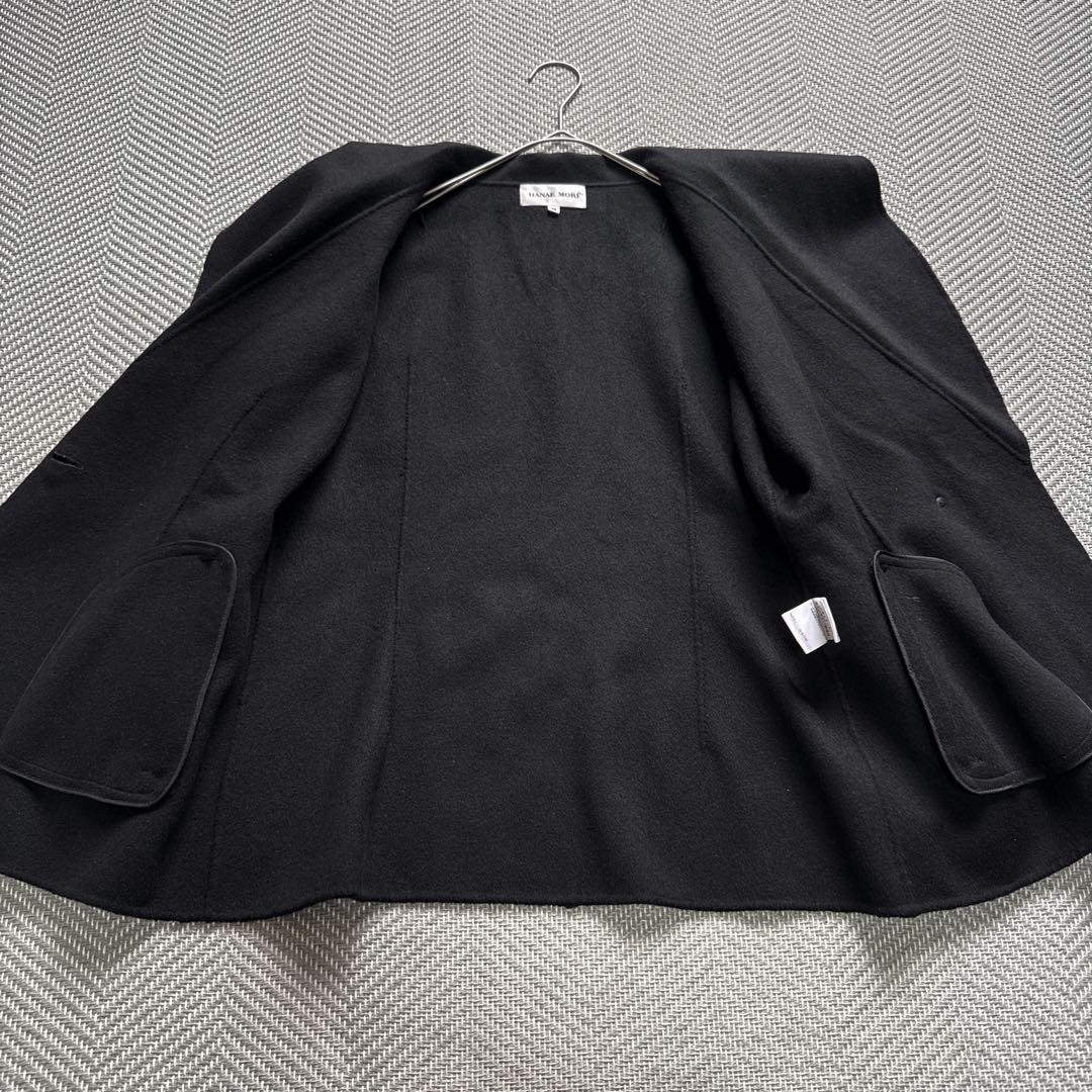 極美品 ハナエモリ カシミヤ100% リバーコート ベルスリーブ 女優襟 黒 M