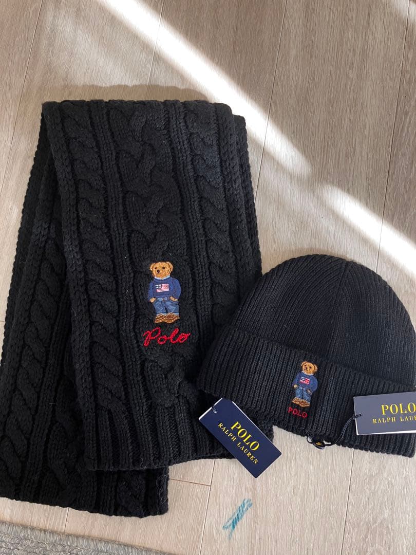 Polo ベア　Ralph Lauren ブラック マフラー ニット帽 セット