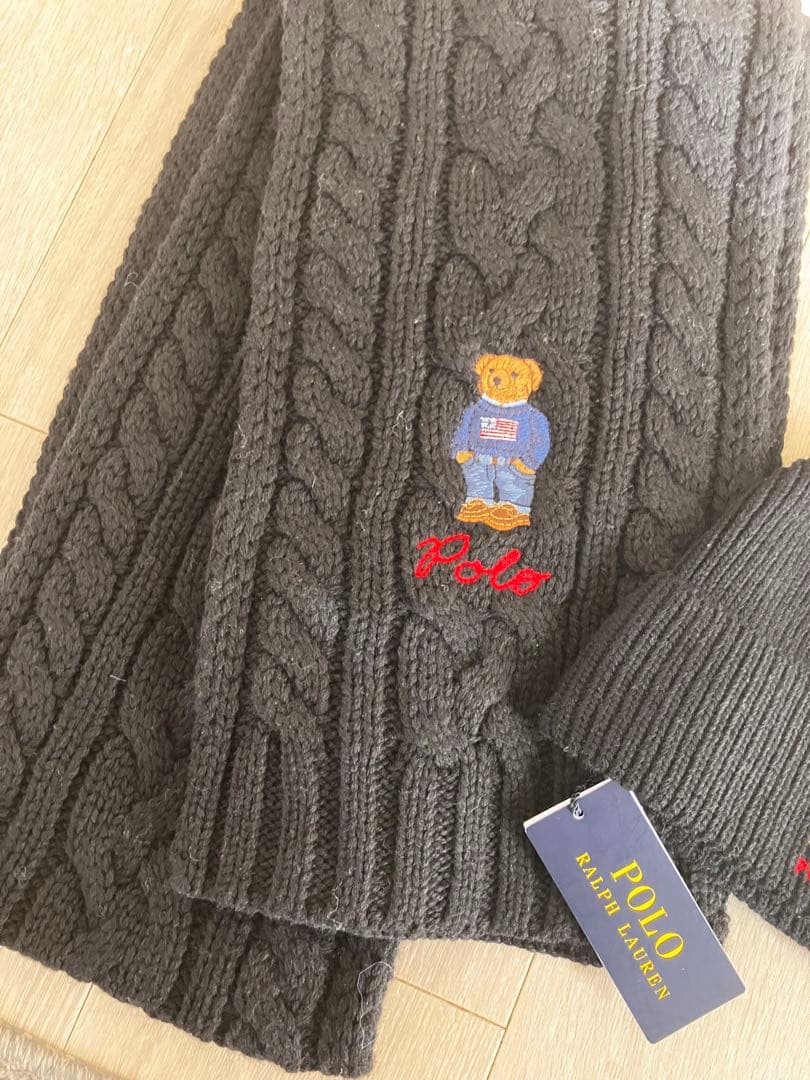 Polo ベア　Ralph Lauren ブラック マフラー ニット帽 セット
