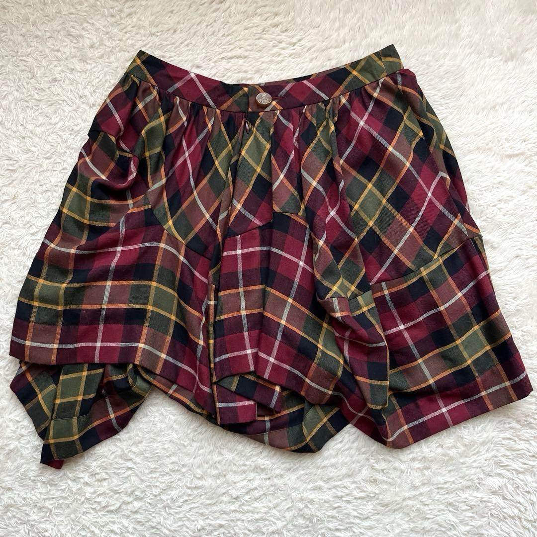 【ヴィヴィアンウエストウッド】変形ミニスカート　フレア　ロゴボタン　チェック　3