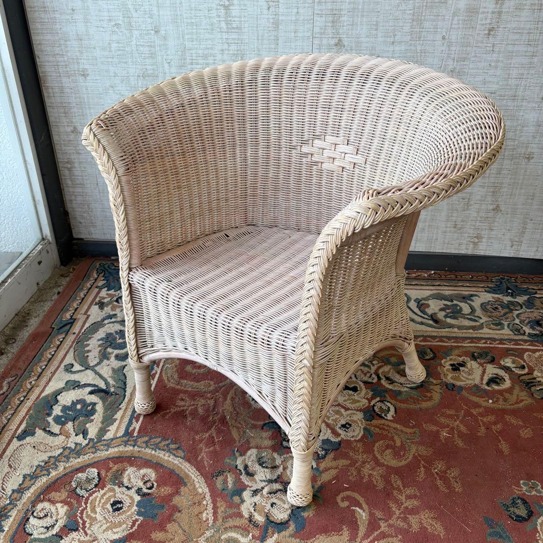 ④昭和レトロ ヴィンテージ ラタンダイニングチェア 花柄クッション アームチェア