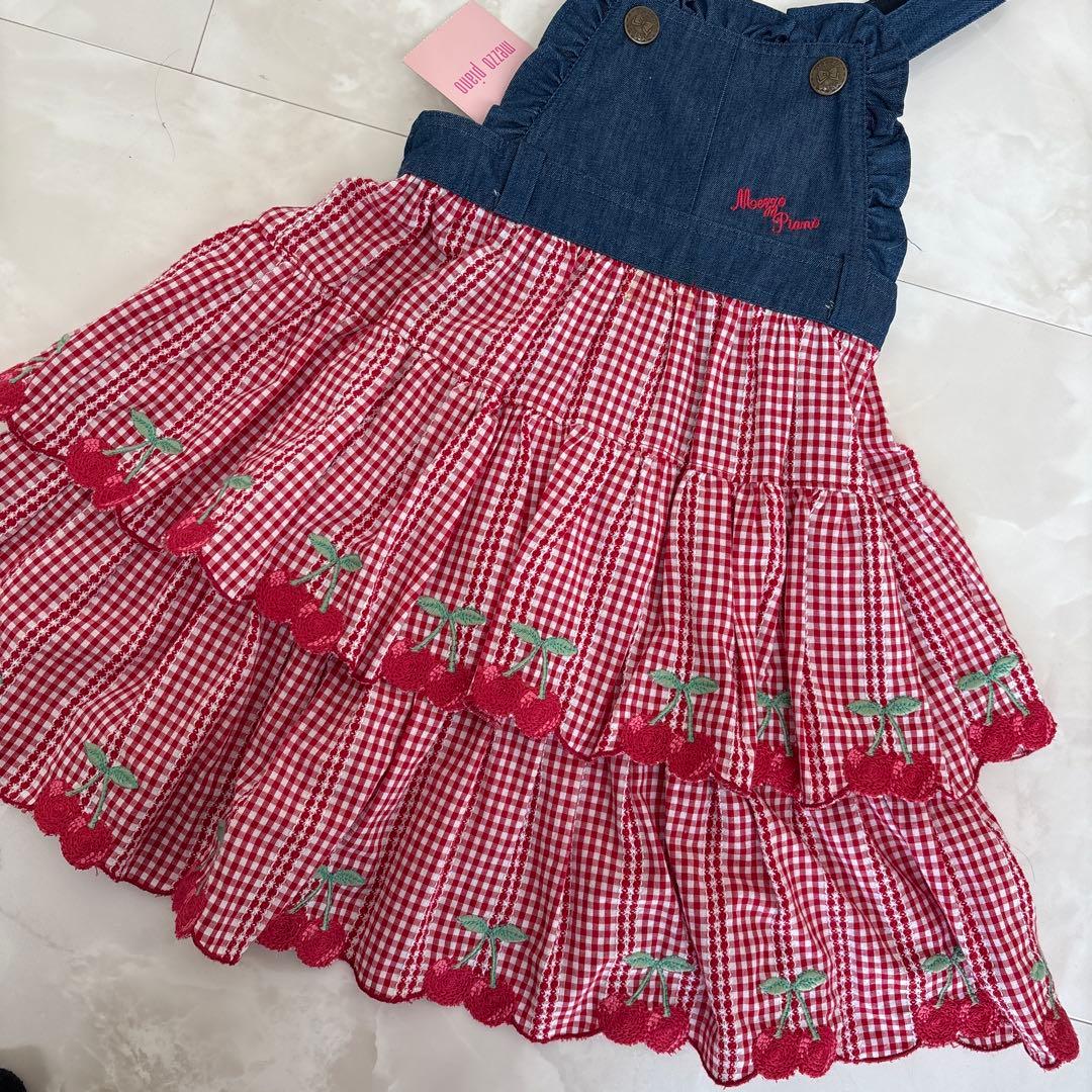 新品未使用タグ付き♡メゾピアノ♡さくらんぼギンガムジャンスカワンピース100