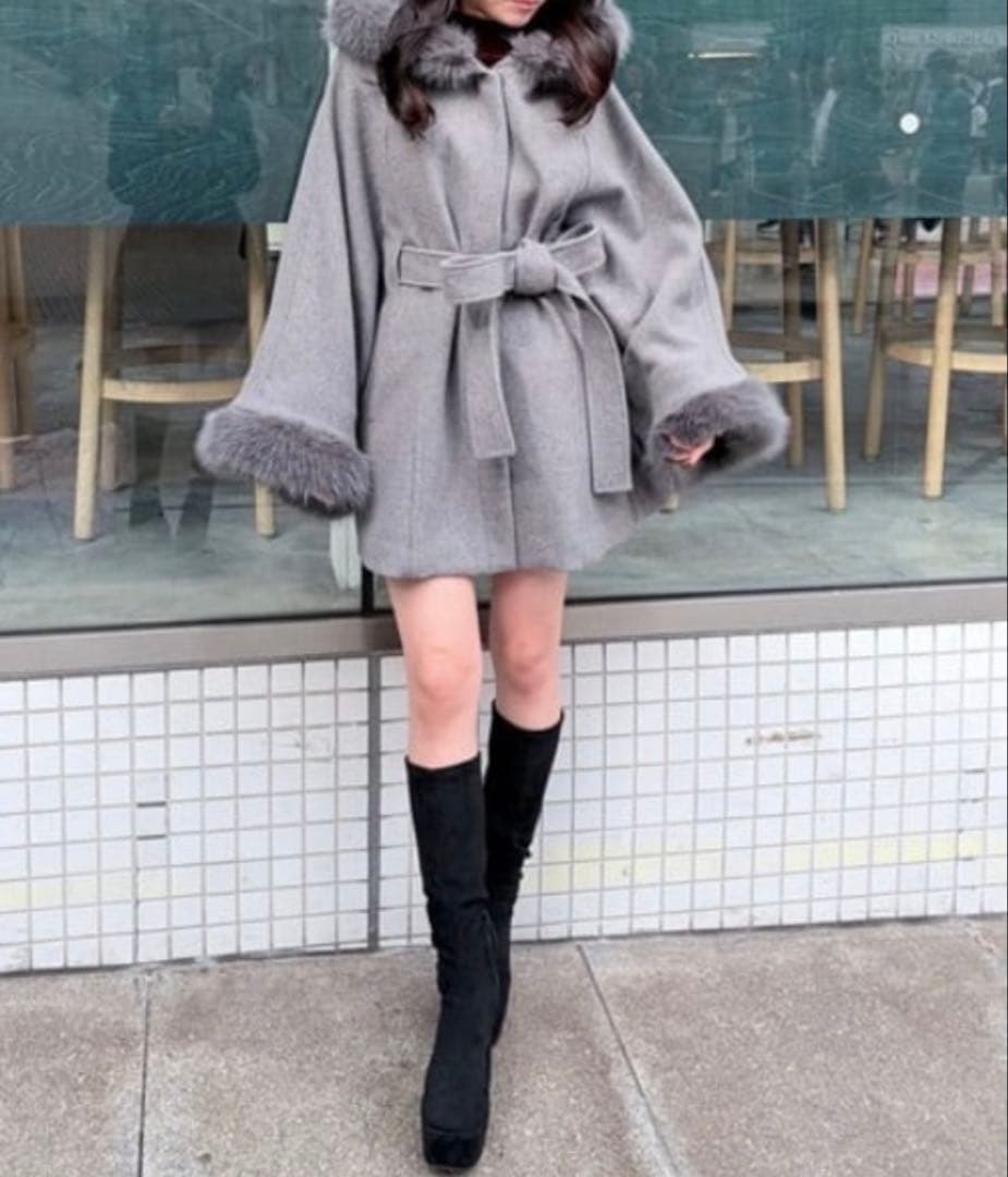 ウールMIXフードポンチョコート rienda