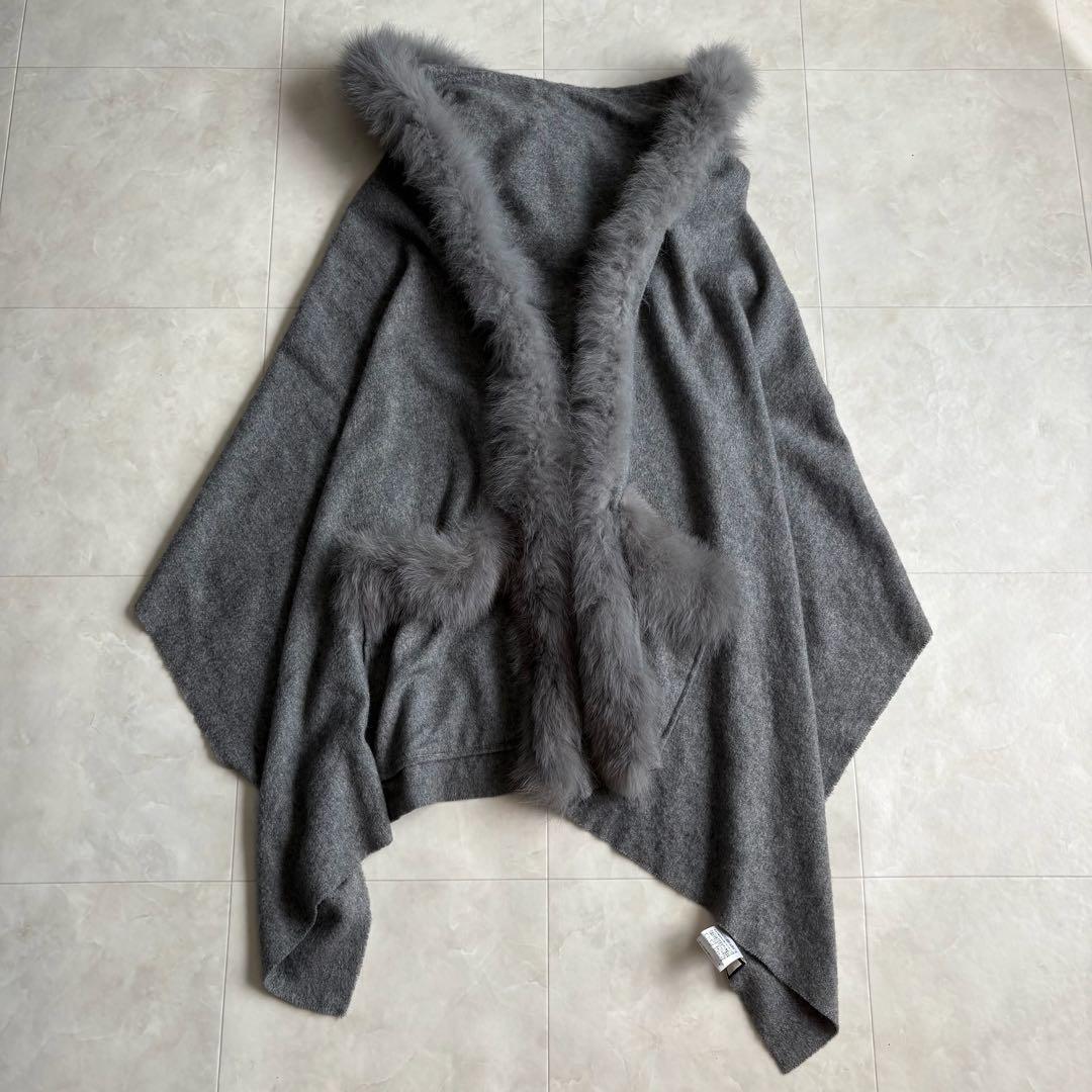 美品✨Diagram カシミヤ×FOXファー フードケープ ポンチョ グレー F
