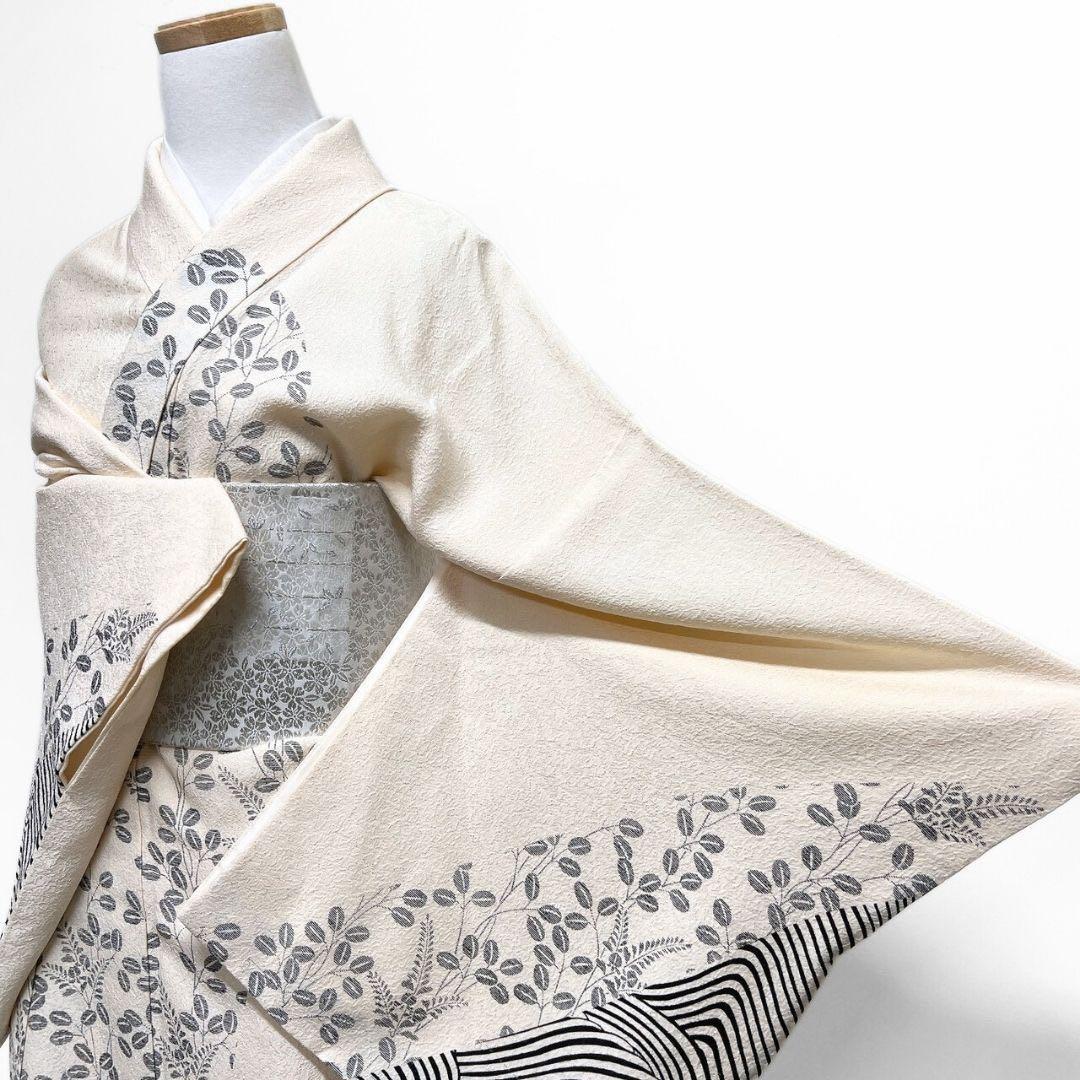 訪問着　単衣　ゼブラ柄　萩模様　花模様　着物　015b p