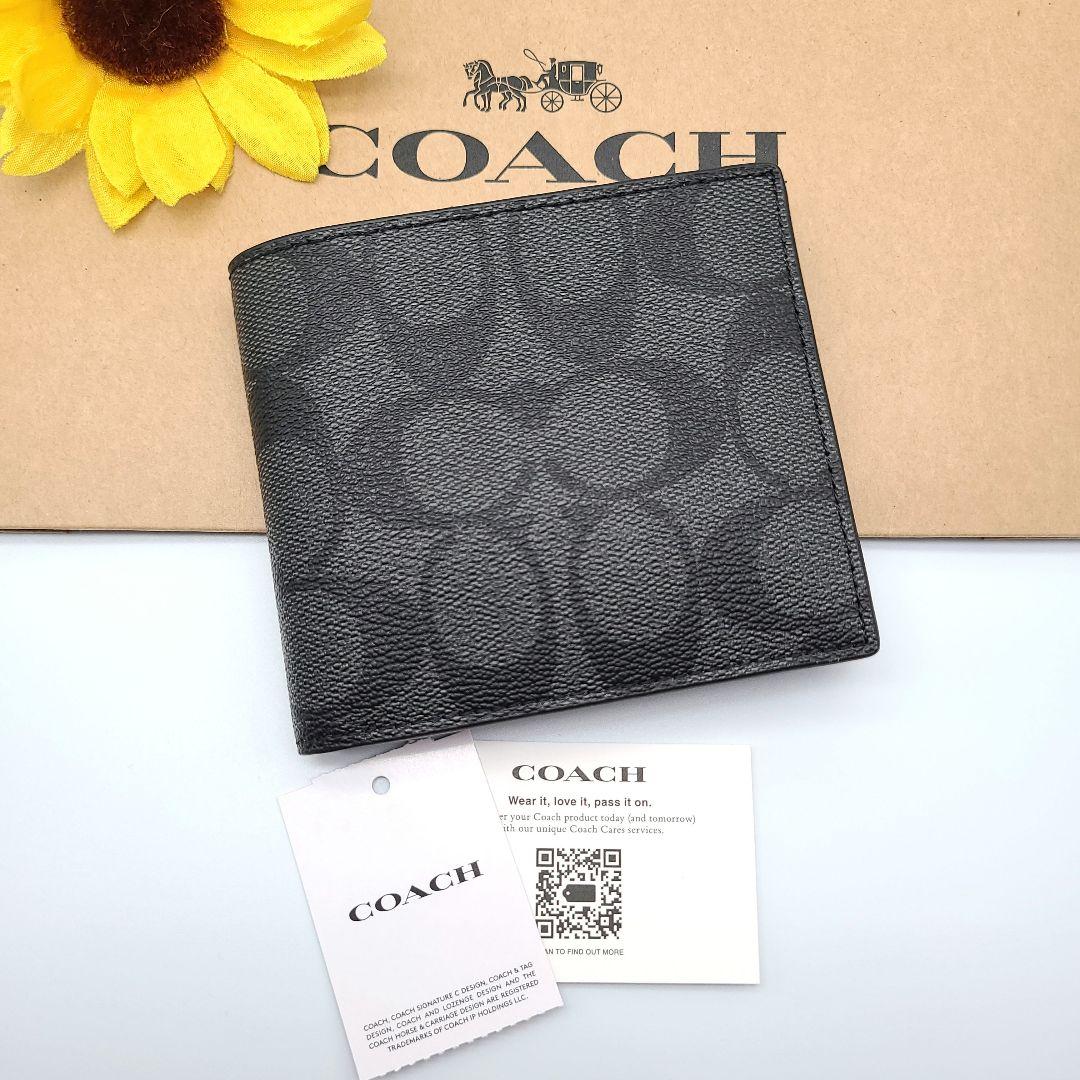 COACH 折り財布 新品 チャコール ブラック お札入れ 小銭入れ