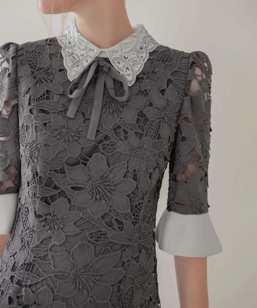 Leja パールカラーボウタイフラワーレースフィッシュテールワンピース