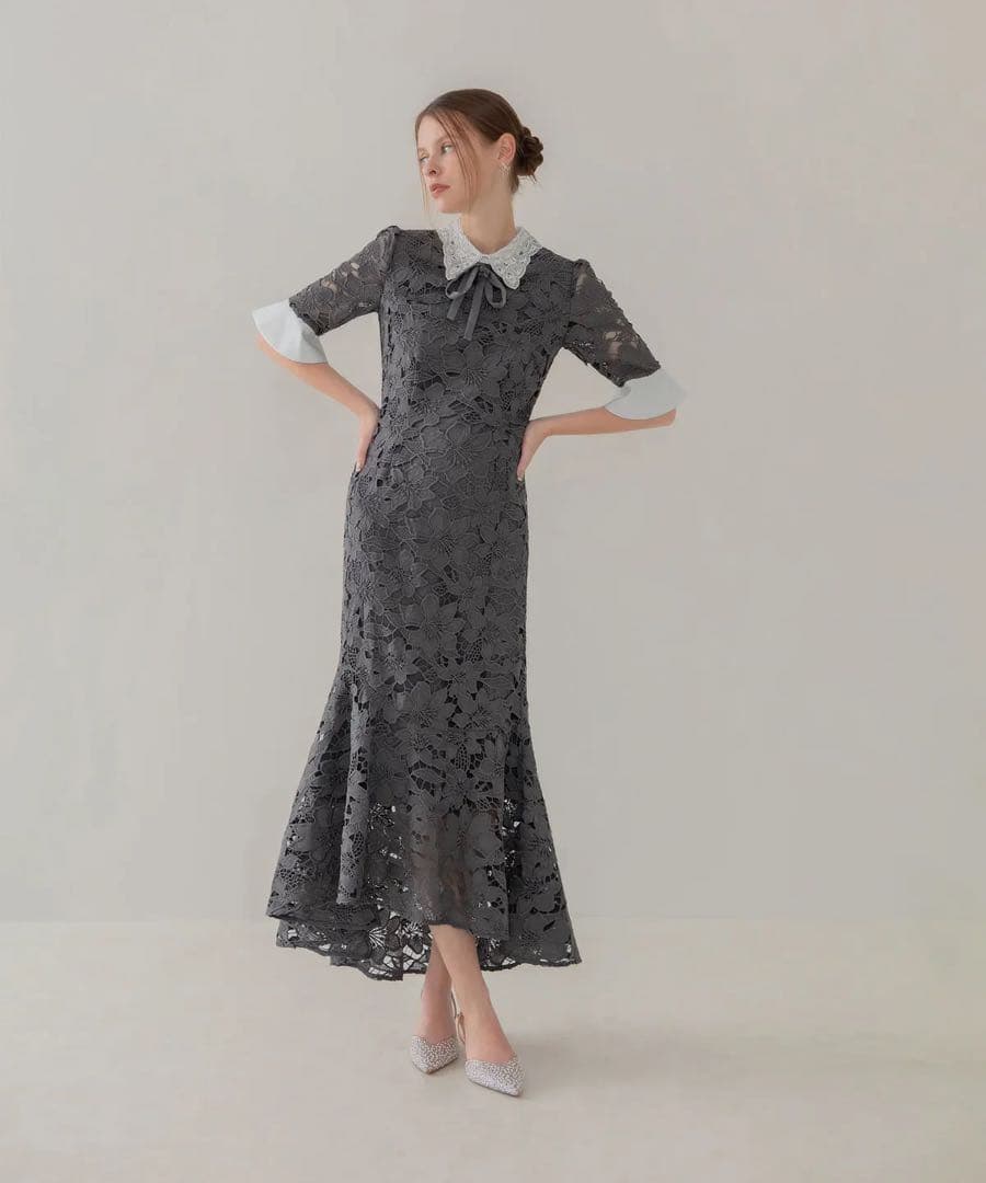 Leja パールカラーボウタイフラワーレースフィッシュテールワンピース