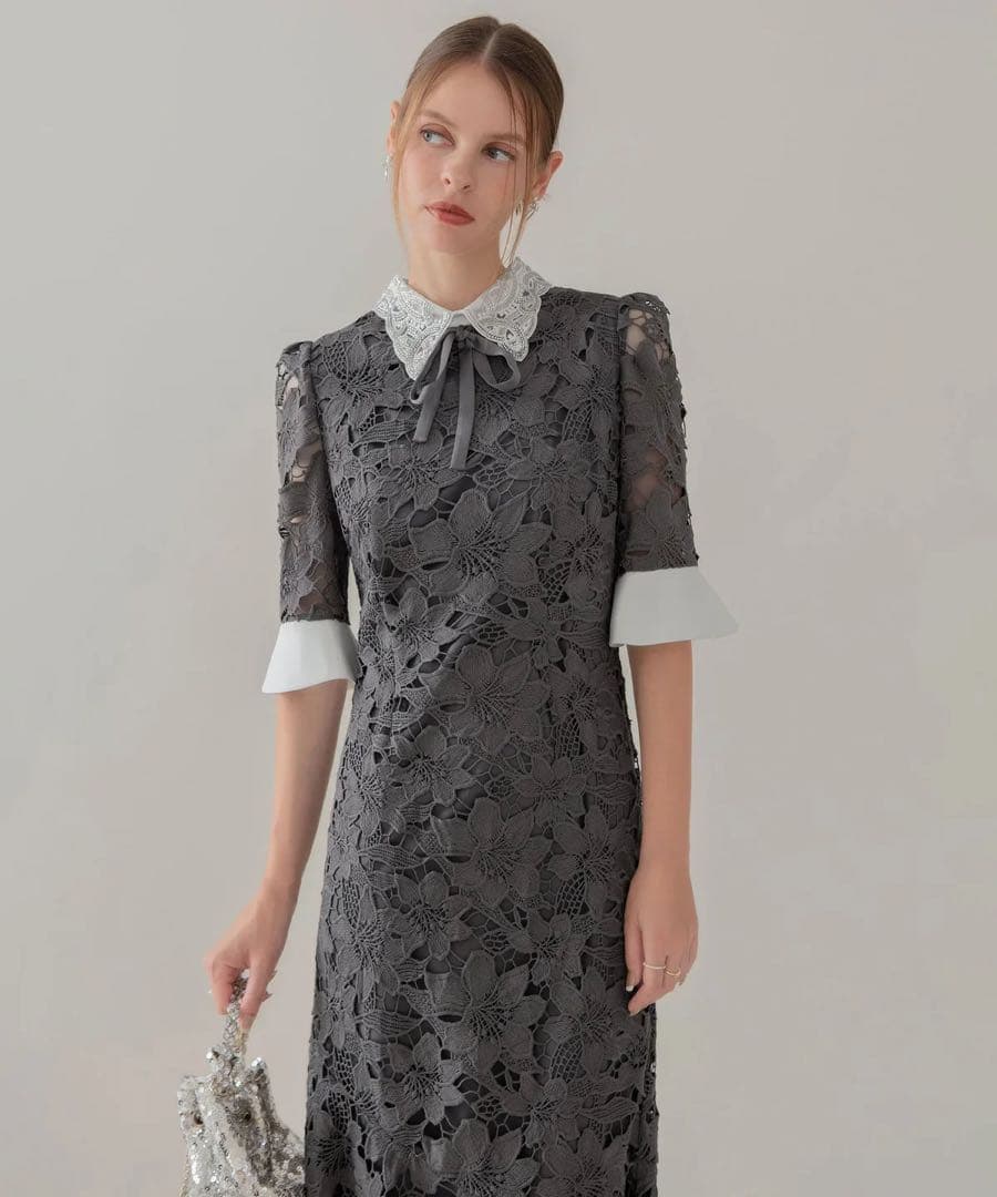 Leja パールカラーボウタイフラワーレースフィッシュテールワンピース