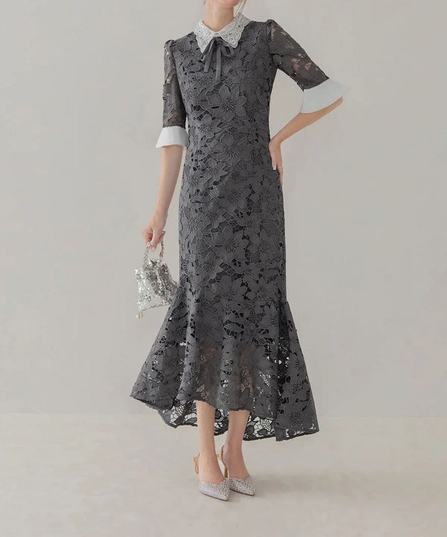 Leja パールカラーボウタイフラワーレースフィッシュテールワンピース