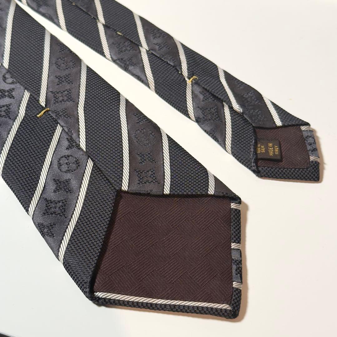 【良品】 ルイヴィトン モノグラム ストライプ柄 ブラック系 ネクタイ