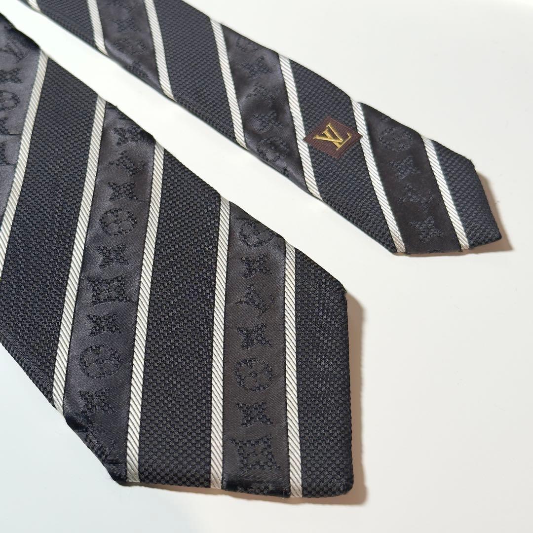 【良品】 ルイヴィトン モノグラム ストライプ柄 ブラック系 ネクタイ