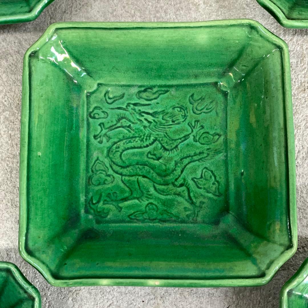 小皿5点 珉平焼 角皿 龍 淡路 人気 タイルグリーン 古皿 手塩皿 緑 翠