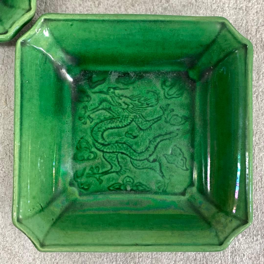 小皿5点 珉平焼 角皿 龍 淡路 人気 タイルグリーン 古皿 手塩皿 緑 翠