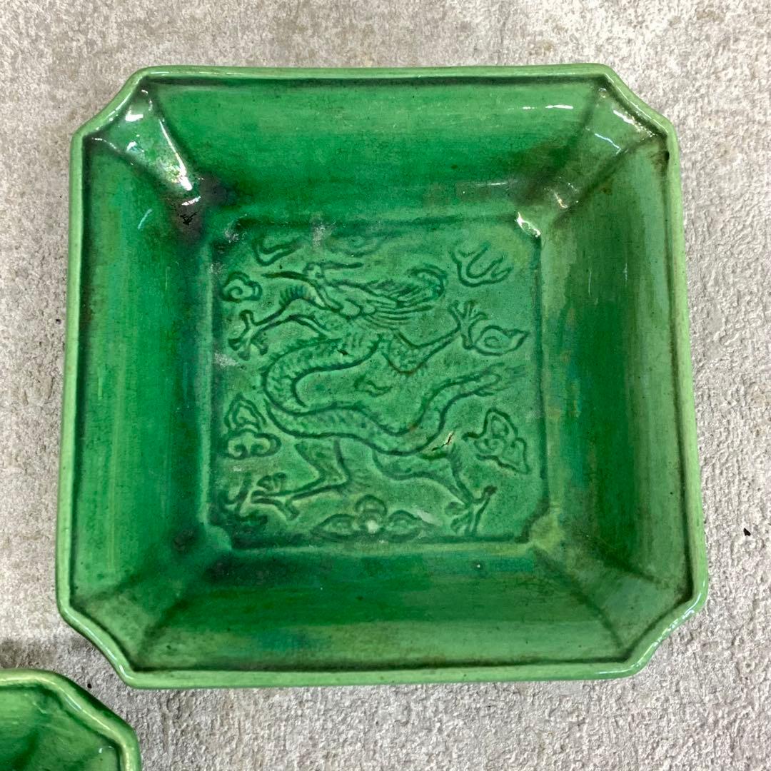 小皿5点 珉平焼 角皿 龍 淡路 人気 タイルグリーン 古皿 手塩皿 緑 翠