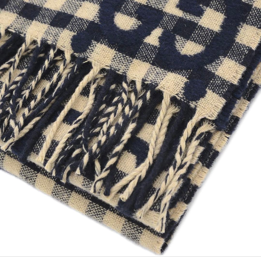 【未使用】GUCCI GGチェック ウールマフラー ダイヤ柄 ネイビー×ベージュ