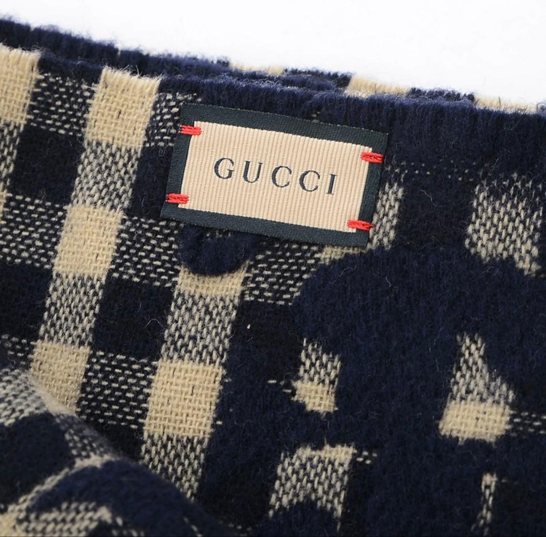 【未使用】GUCCI GGチェック ウールマフラー ダイヤ柄 ネイビー×ベージュ