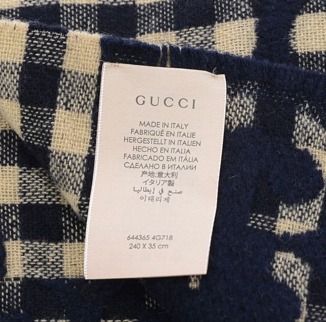 【未使用】GUCCI GGチェック ウールマフラー ダイヤ柄 ネイビー×ベージュ
