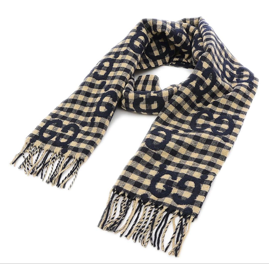 【未使用】GUCCI GGチェック ウールマフラー ダイヤ柄 ネイビー×ベージュ