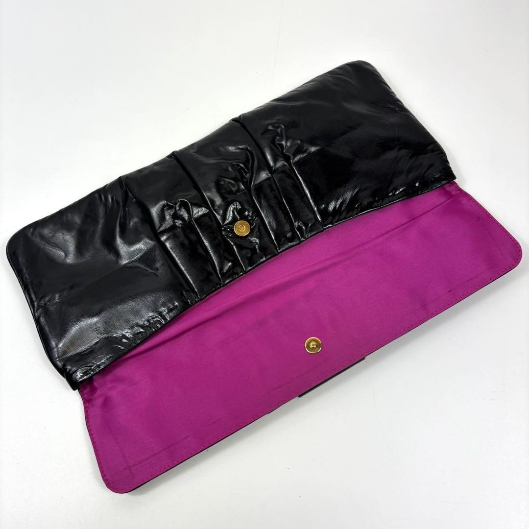 ミュウミュウ リボン クラッチバッグ ポーチ 赤　紫 パテントレザー ギャザー