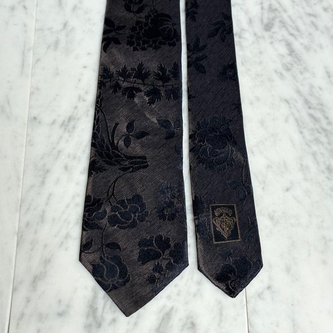 GUCCI ネクタイ ダークブラウン ボタニカル柄 光沢 ブラック