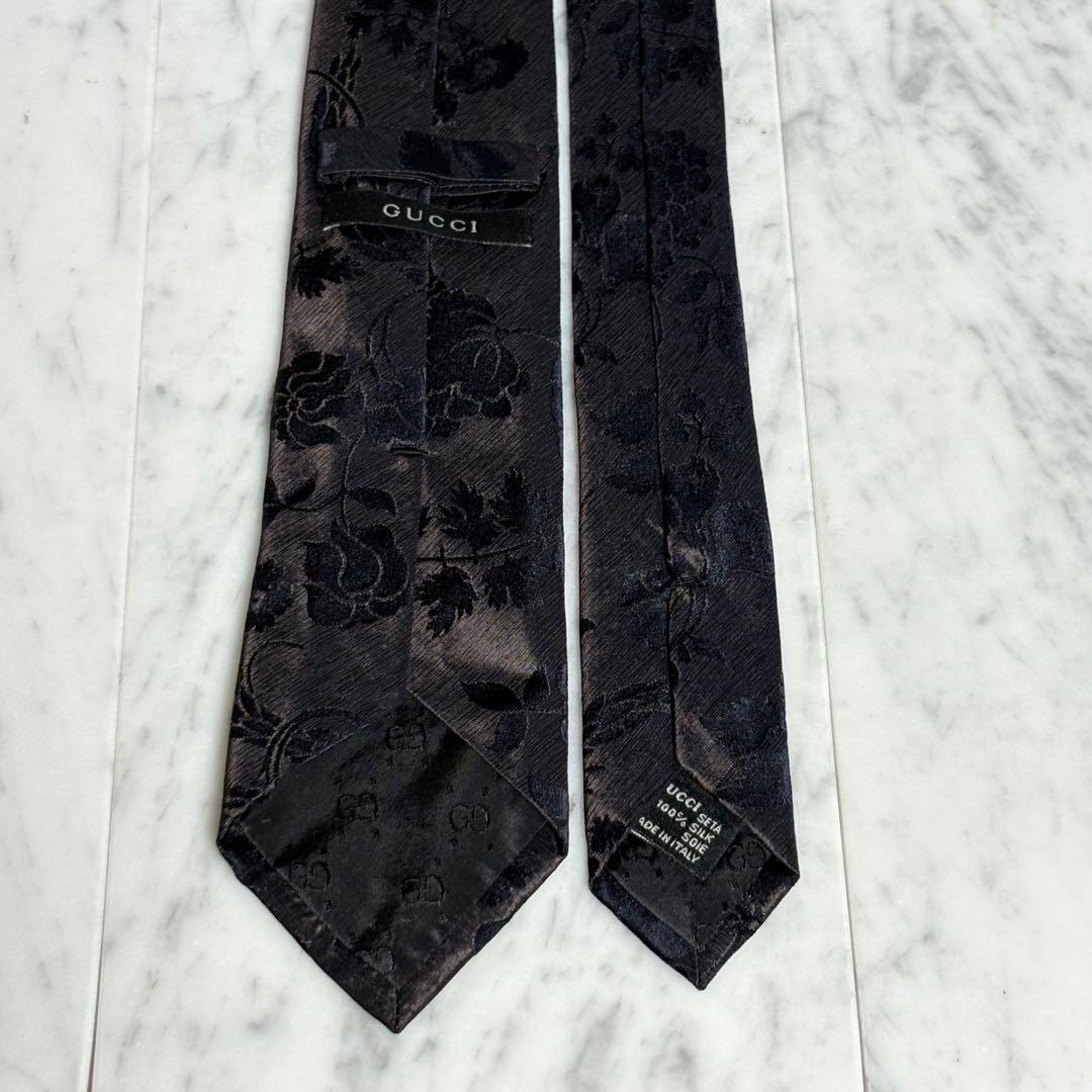 GUCCI ネクタイ ダークブラウン ボタニカル柄 光沢 ブラック