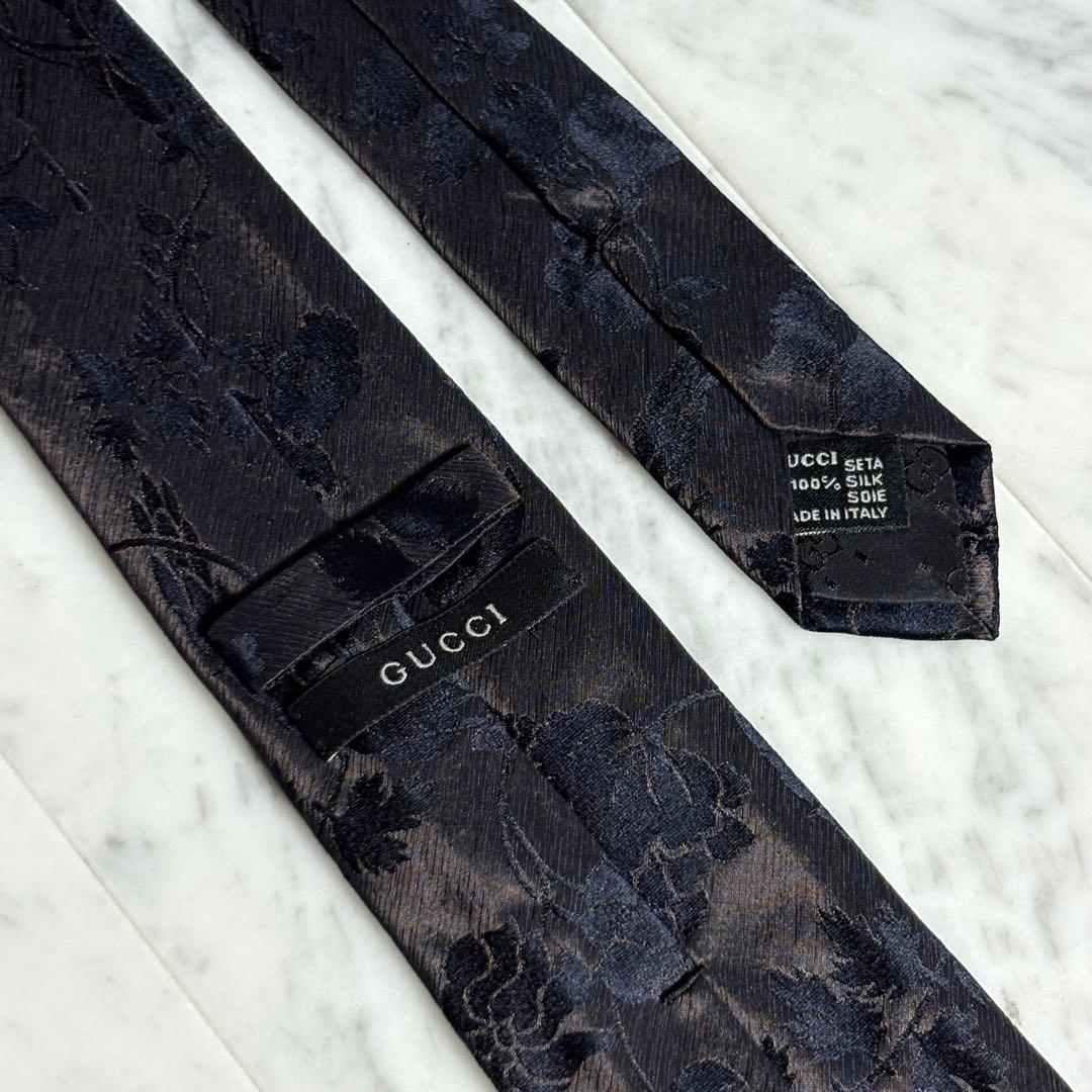GUCCI ネクタイ ダークブラウン ボタニカル柄 光沢 ブラック