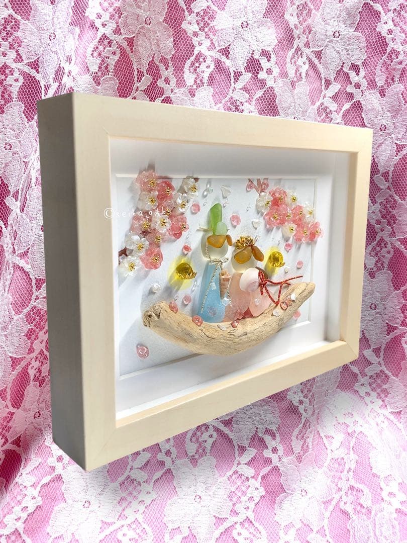 夫婦雛 桜 シーグラスアート ひなまつり インテリア 玄関飾り ナチュラル 置物