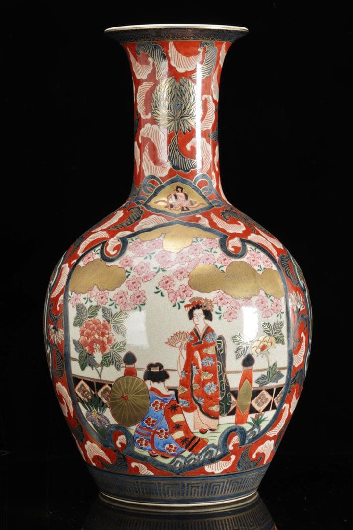 伊万里焼 大型花瓶 飾壺 45.5㎝ 赤絵金彩 美人花車図 伊萬里 古美術 骨董