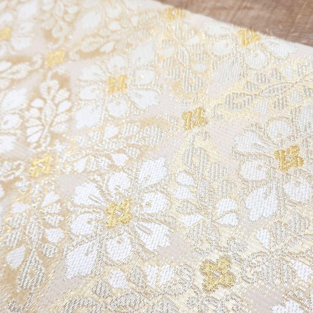 袋帯 白金 花菱七宝 六通 お仕立て込み