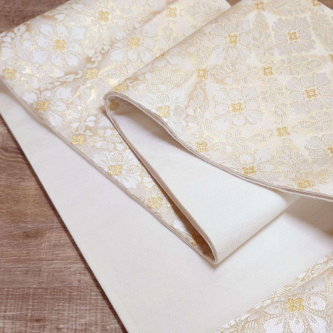 袋帯 白金 花菱七宝 六通 お仕立て込み