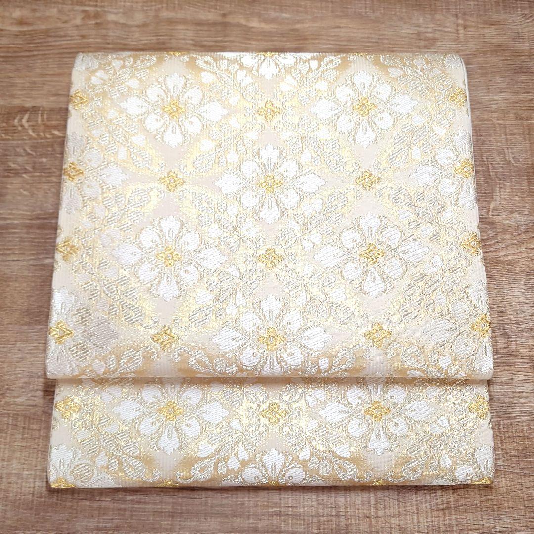 袋帯 白金 花菱七宝 六通 お仕立て込み