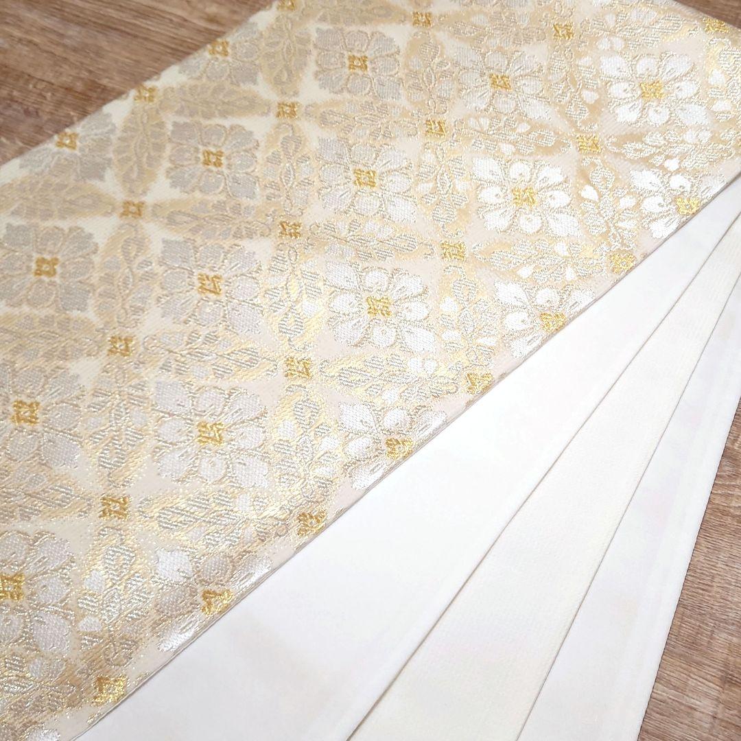 袋帯 白金 花菱七宝 六通 お仕立て込み