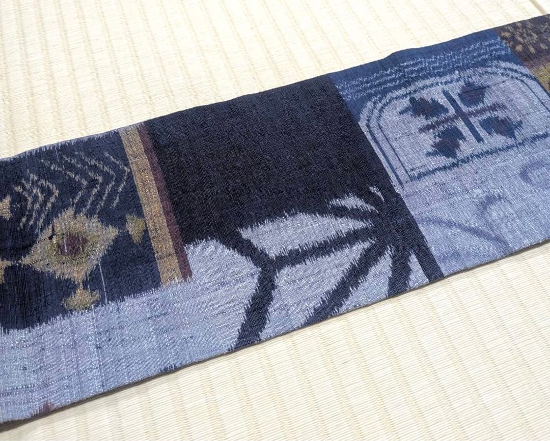 小千谷紬 横段 絵絣 九寸名古屋帯