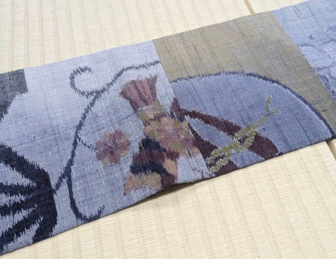 小千谷紬 横段 絵絣 九寸名古屋帯