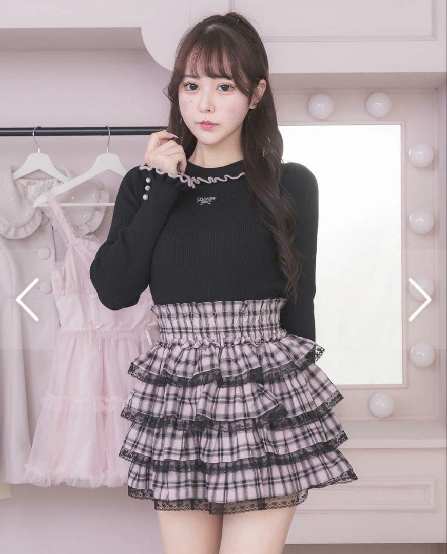 pium シャーリングティアードチェックスカート ピンク