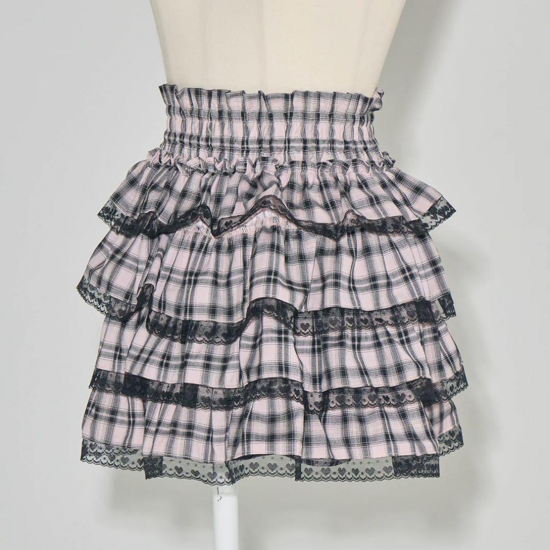 pium シャーリングティアードチェックスカート ピンク