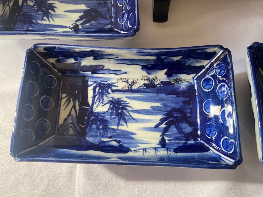 骨董　古伊万里　明治　ベロ藍　長角皿　5客セット