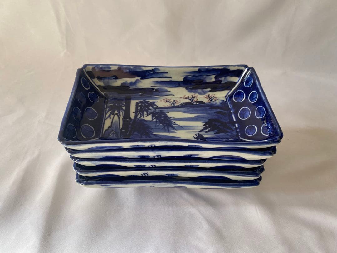 骨董　古伊万里　明治　ベロ藍　長角皿　5客セット