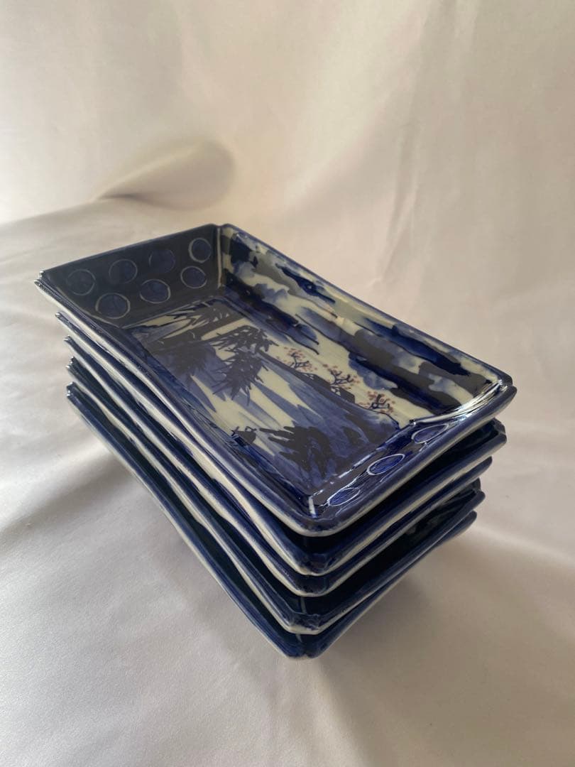 骨董　古伊万里　明治　ベロ藍　長角皿　5客セット