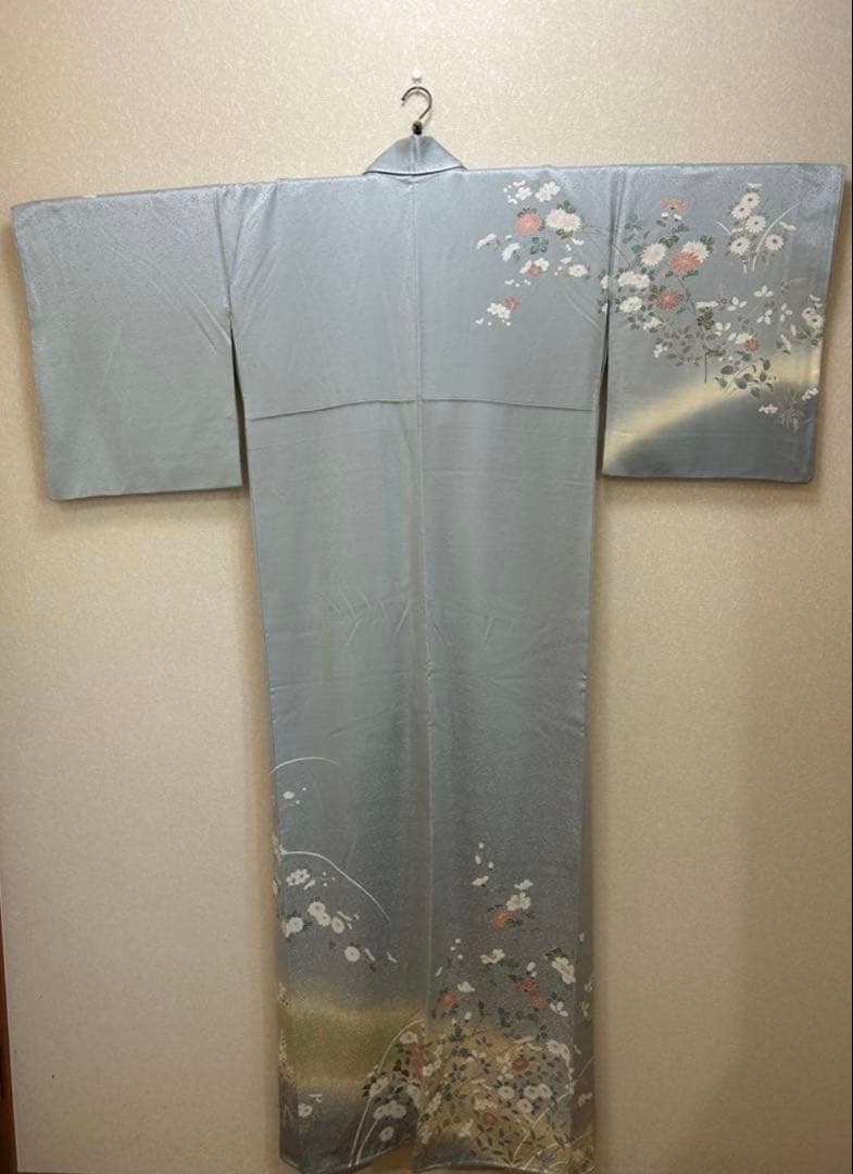 訪問着 花柄 グレー 絹