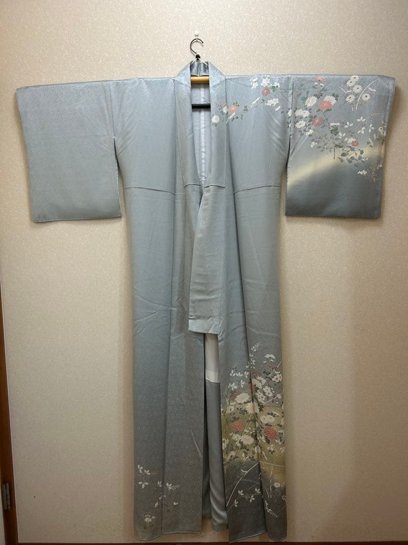 訪問着 花柄 グレー 絹